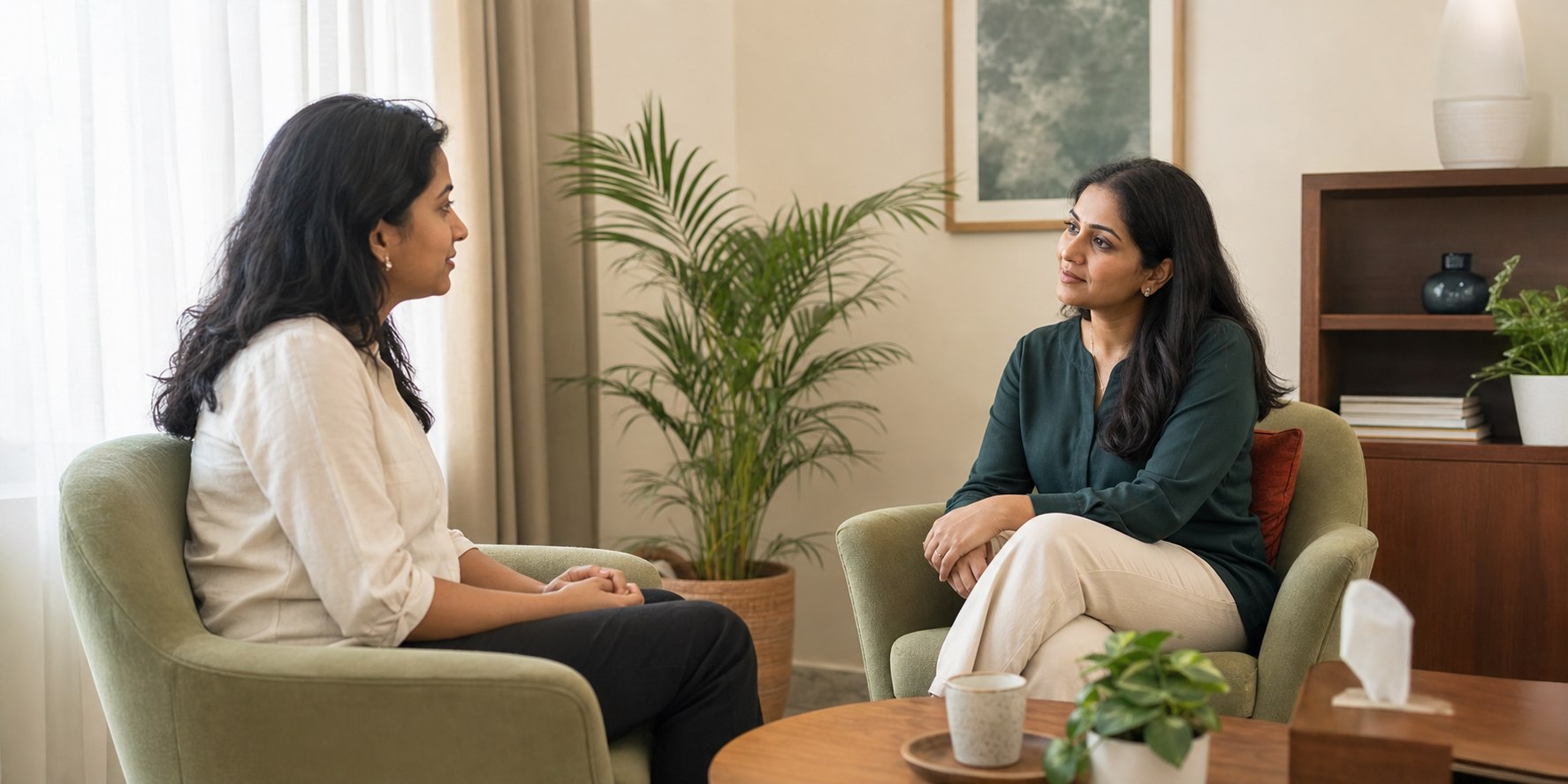 A calm counselling conversation between a therapist and an adult client